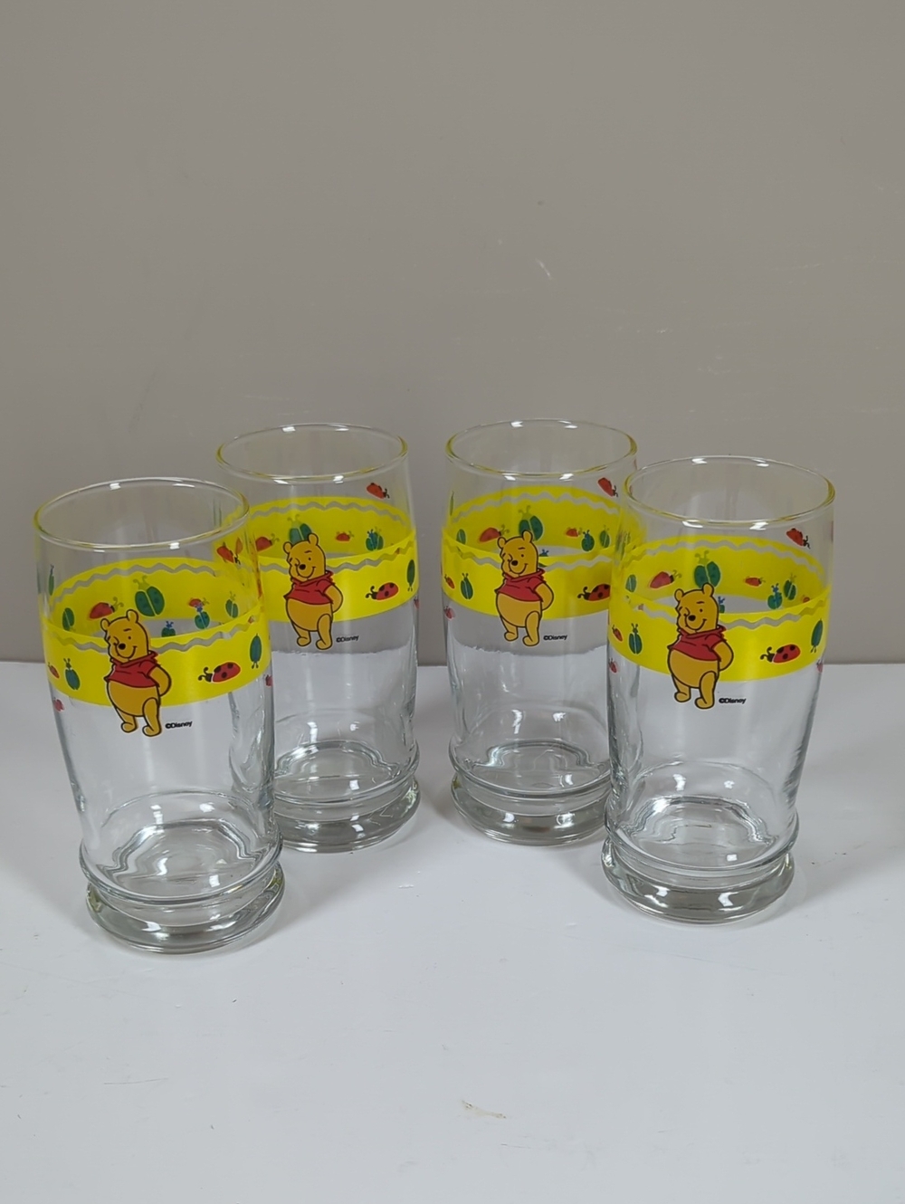 Vintage Achor Hocking Winnie the Pooh Yellow Drinking Glasses Set of 4